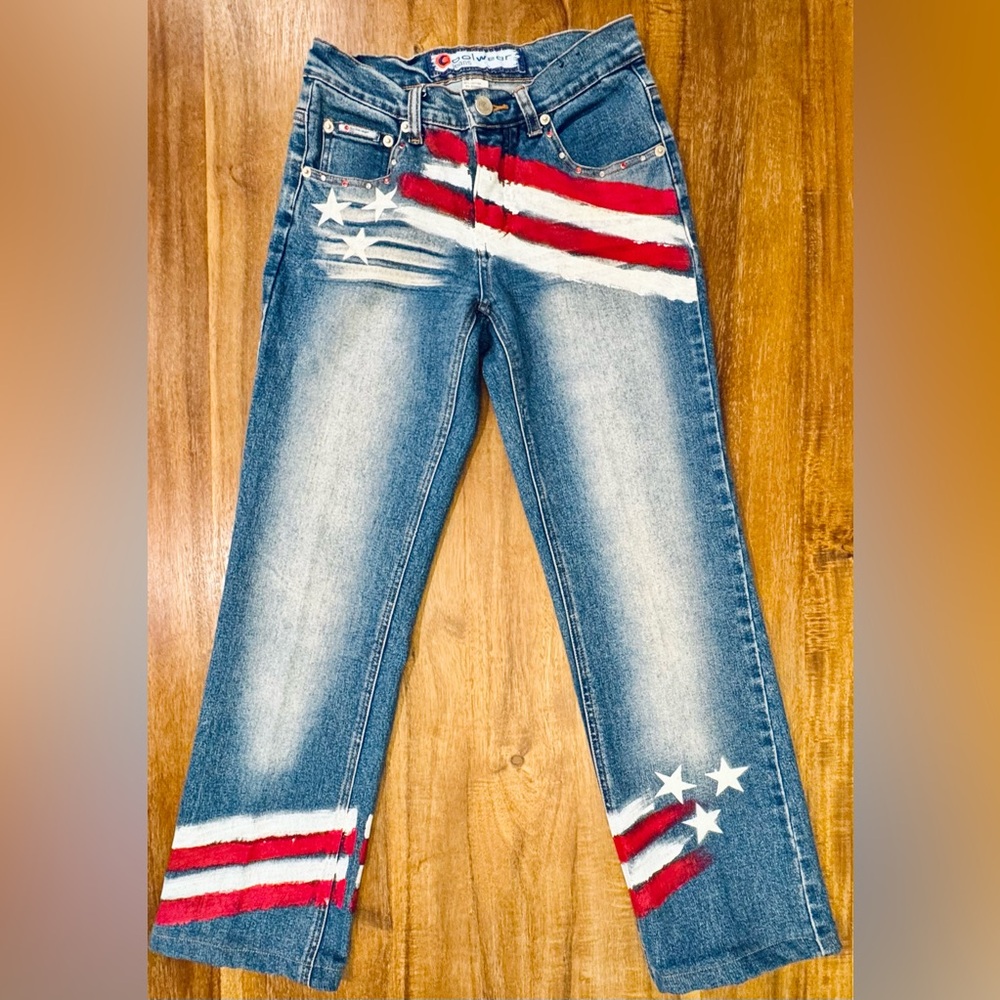 Vintage Early 2000s Cool Wear Blue flare jeans with American flag print size 1 - Picture 7 of 11
